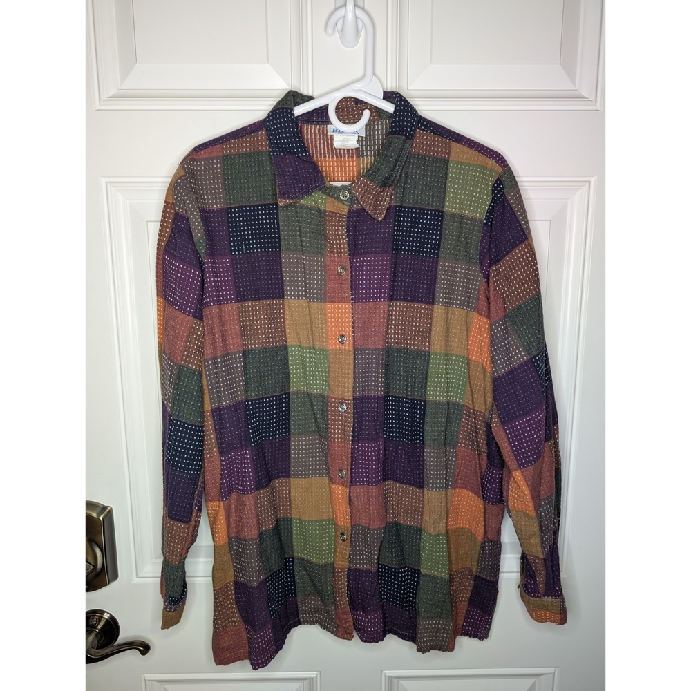 Blair Women's XL Patchwork Plaid Cotton Button Down Shirt Textured Multi Color